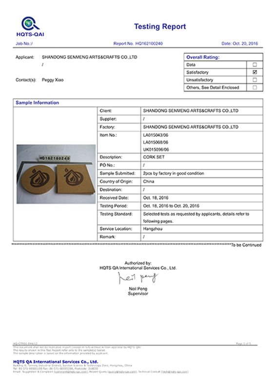 Cork Mats Testing Report